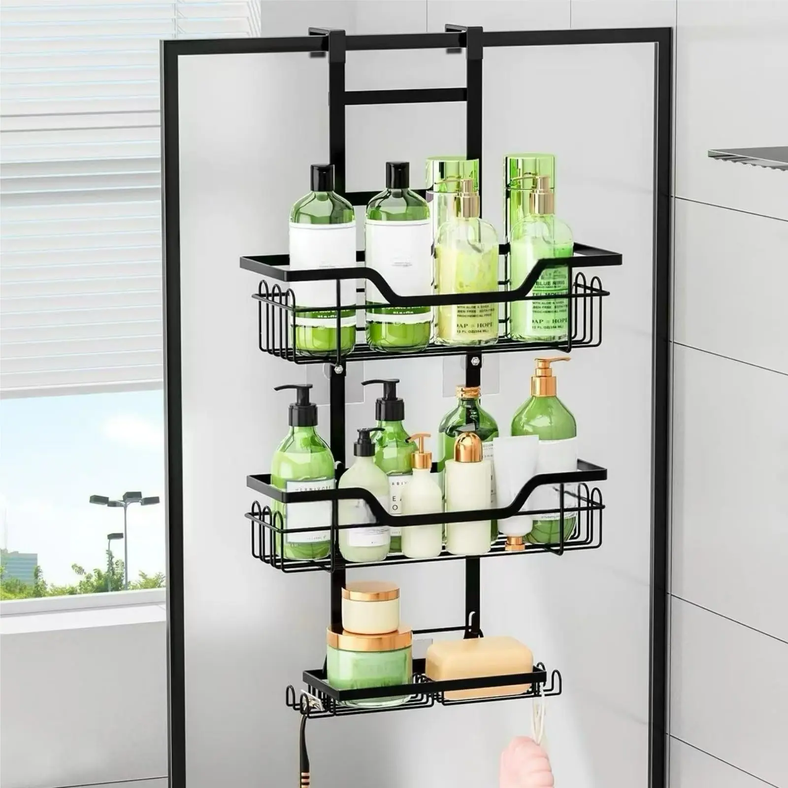 Shower Caddy, Hanging Organizer Rack with Hooks and Adhesives, No Drilling, Rustproof Stainless Steel Bathroom Organizer Bathroom Shower Shelves for Inside Black