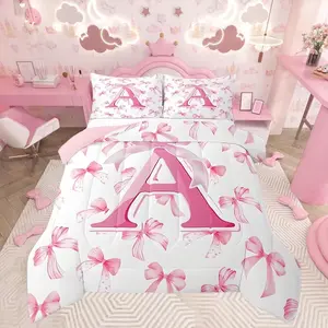 3-Piece Cute Bow Bedding Set, 1 Quilt + 2 Pillowcases (coreless), Letter Marked Bedding, Ultra-Soft Personalized Embroidered Blanket