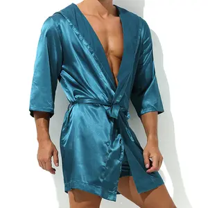 Selling Men Summer Bathrobe Male Silk Short Sleeve Bath Robe Sexy Mens Dressing Gown Bathrobes(No shorts)