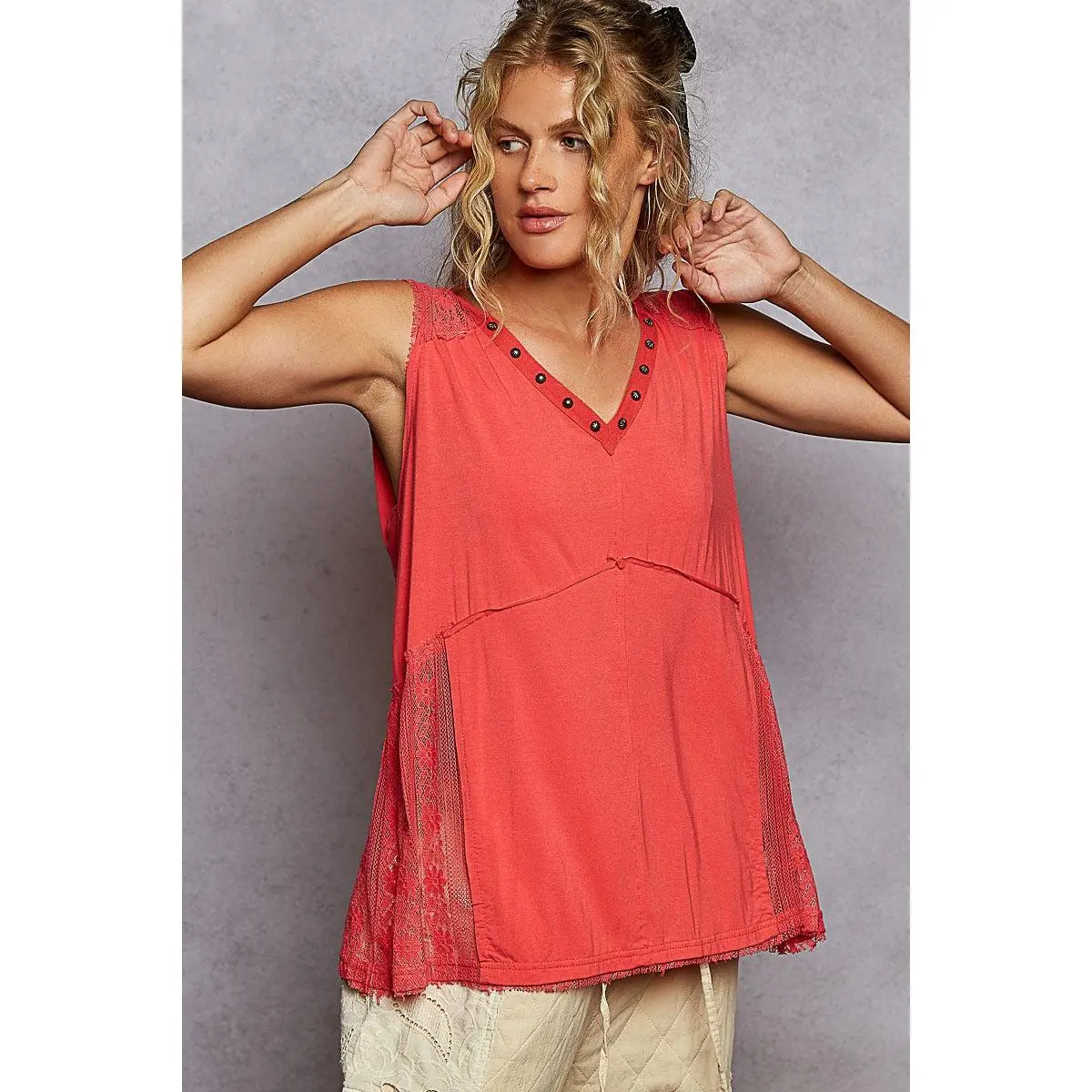 Coral Sleeveless v-neck top with stud detail