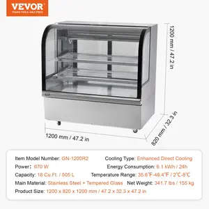 VEVOR Refrigerated Display Case, 18 Cu. Ft./ 505L Large Pastry Display Case, 2-Tier Commercial Display Refrigerator with LED Lighting, Downdraft Cooling, Movable with Casters, for Bakery