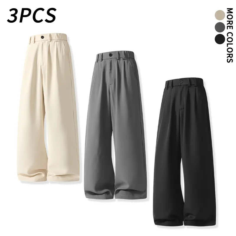 3-pcs men’s pleated dress pants for business casual wear, crafted from soft, silky, fluid fabric with a relaxed wide-leg fit—a trendy street-style piece suitable for everyday commuting and social gatherings, featuring a minimalist retro aesthetic.