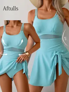 Women's Fashion One-Piece Swimsuit, Plain Color Square Neck Dress Style, Shoulder Straps, Vacation Wear, All-In-One Swimwear, Skirted Swim Dress, Tummy Control Swimdresses