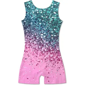 KF5-CPA038 Girls Gymnastics Leotards with Shorts Sparkle Dance Unitards Mermaid Active Biketards 2-10 Years