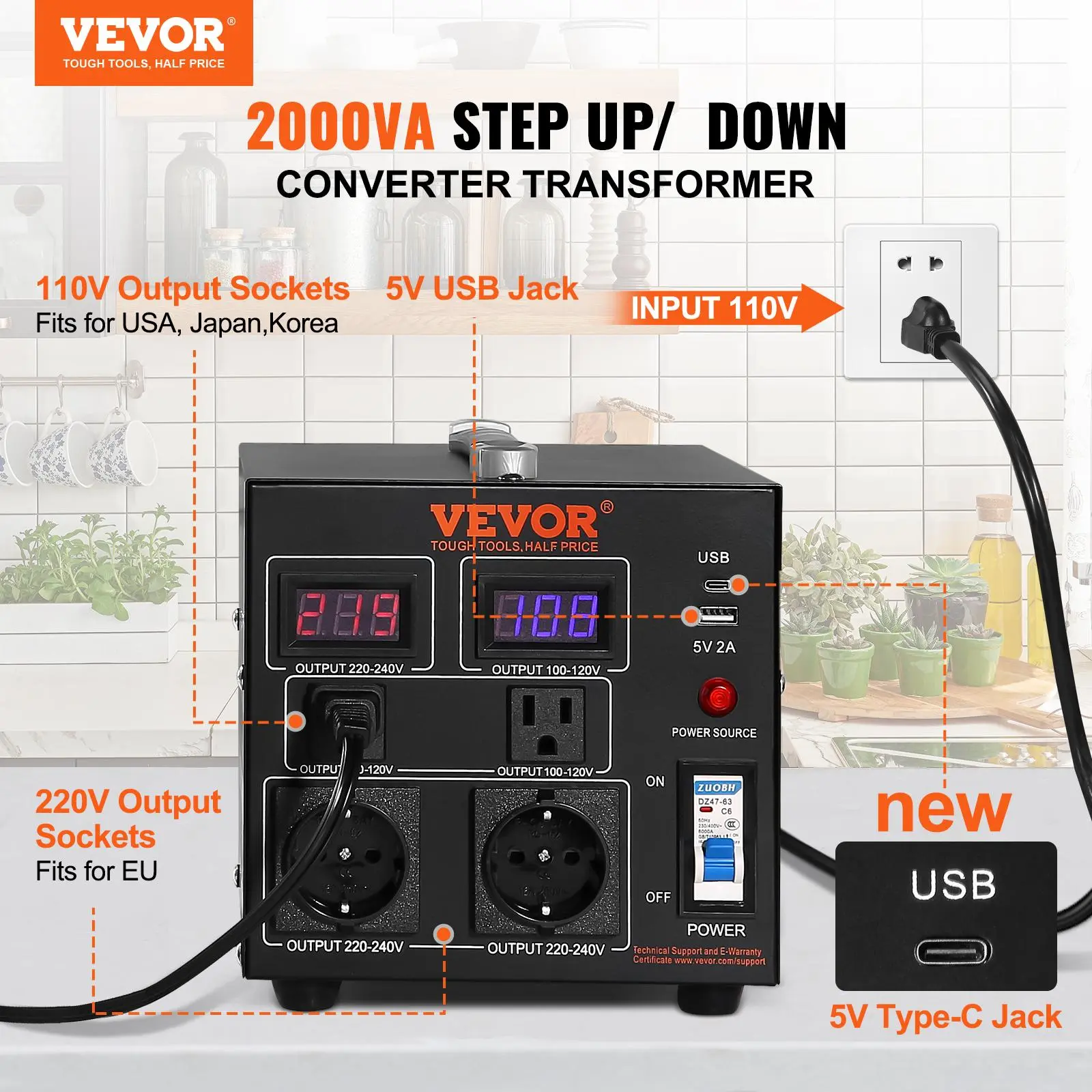 【Summerfinds】VEVOR Voltage Converter Transformer, 2000W, Heavy Duty Step Up/Down Transformer, Convert from 110 Volt to 220 Volt and from 220 Volt to 110 Volt, with US Outlet EU Outlet 5V USB Port, CE Certified