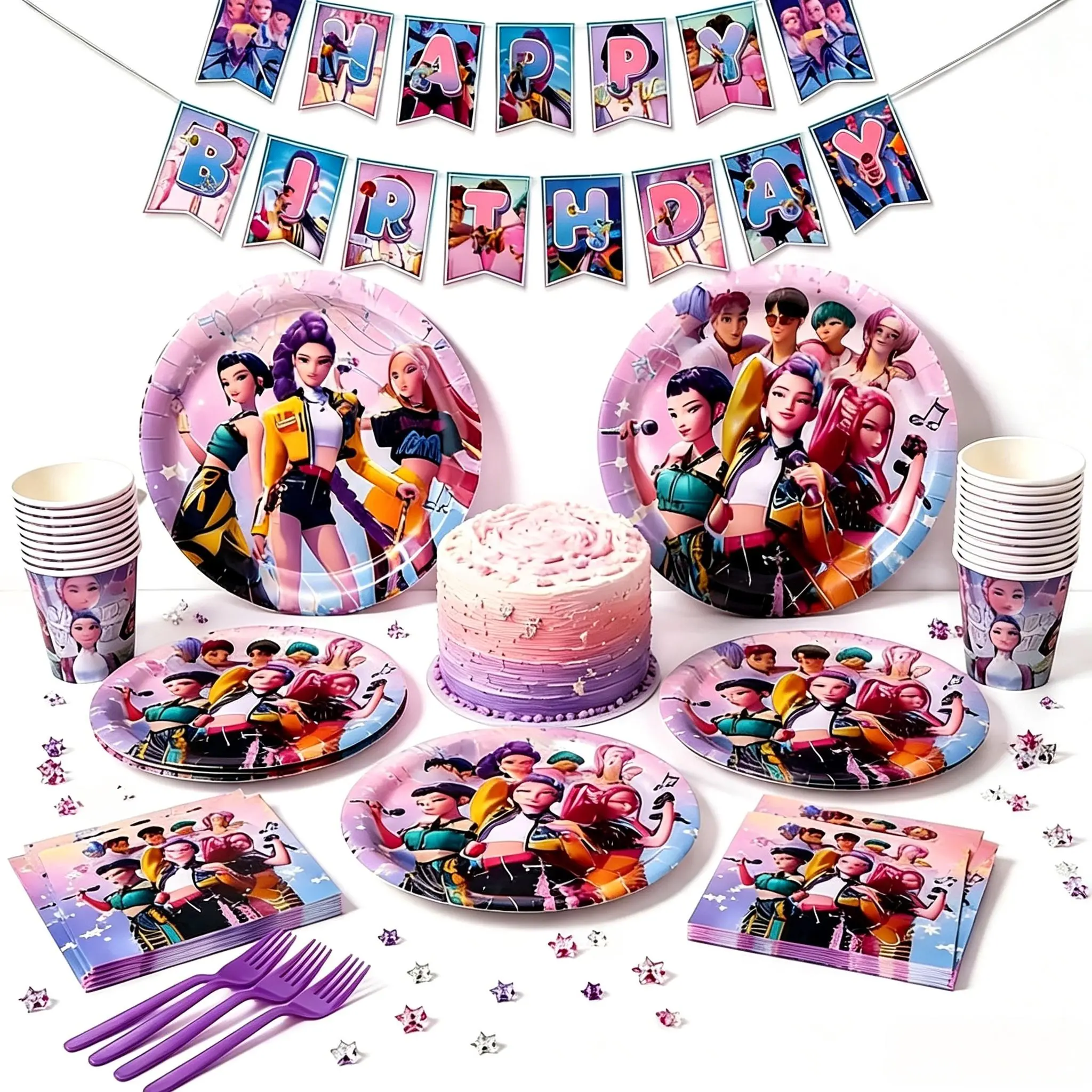 K-Pop Themed Birthday Party Decoration Set: Birthday, Banner, Tablecloth, Disposable Plates (Serves 10) - A Fan Surprise