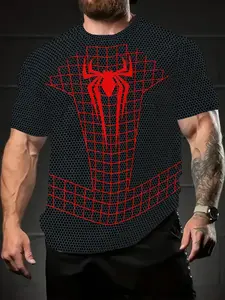 Spider Web Pattern Short Sleeve Graphic Tee, Breathable Quick-Dry Gym Training Top, Loose-Fitting Casual Fashion Shirt