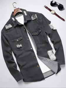 Men's Dark Gray Fashionable Distressed Denim Shirt, Loose Casual Fit, Comfortable Long Sleeves, Suitable for Daily Wear in All Seasons