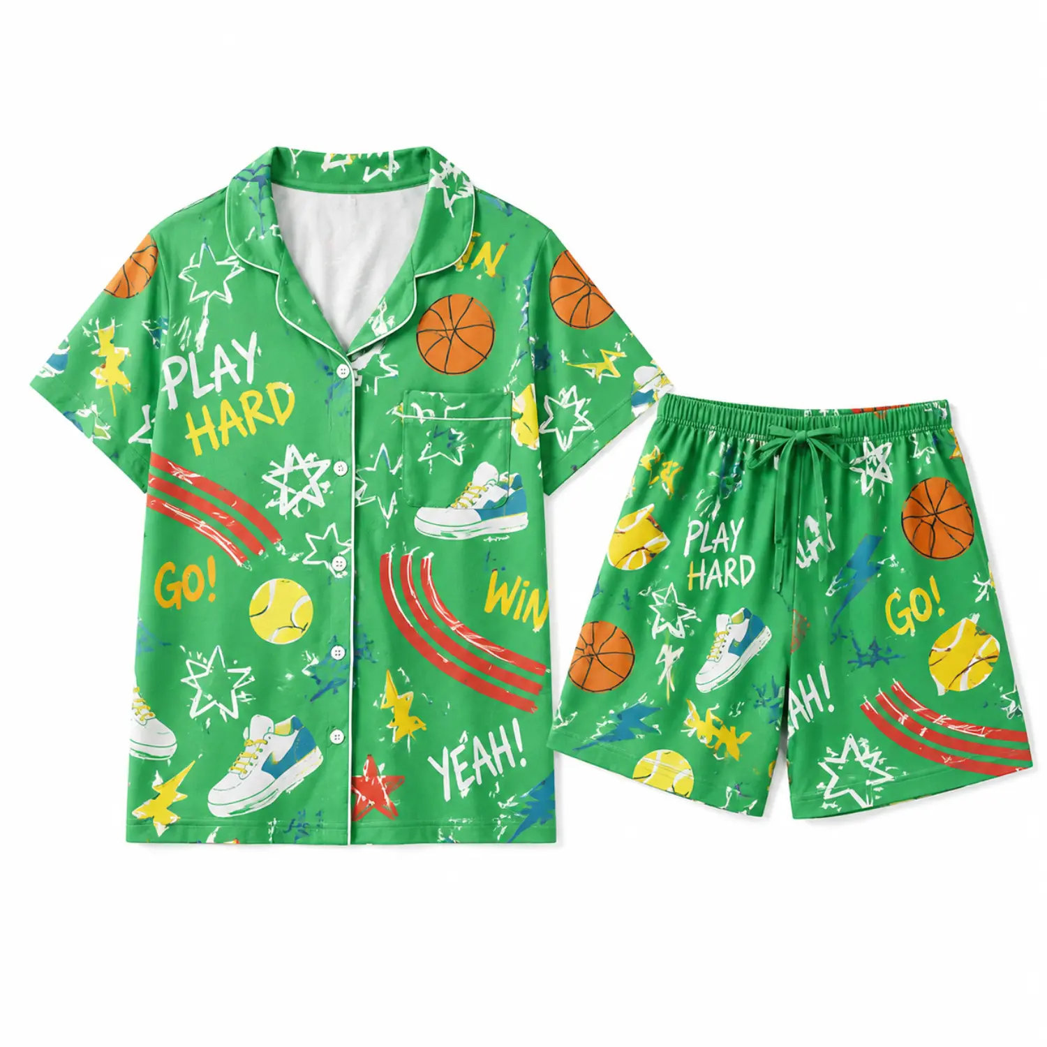 Green Sports Print Pajama Set, Short-Sleeve Button-Up Shirt and Shorts with Basketball, Tennis and Sneaker Graphics, Play Hard Sleepwear