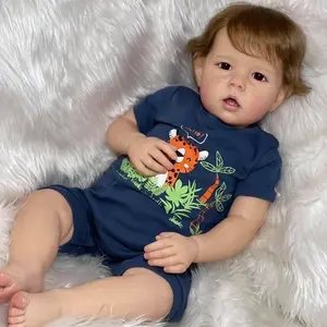 20 inch Realistic Baby Boy Liam Rooted Curly Hair Ocean Blue Eyes in Navy Leopard Onesie Full Vinyl Body Feeding Set 50cm Ultimate Boy Gift first  baby reborn  awake  doll