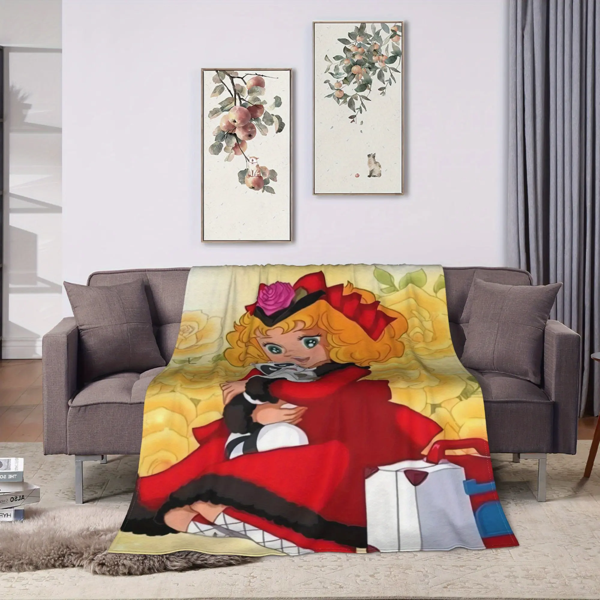 Candy Candy Anime Flannel Throw Blanket - Soft, Warm, Breathable, Classic, Wrinkle-Resistant All-Seasons Blanket for Bed, Home, Office Use, Vibrant Mixed Colors with Roses & Characters, Gift for Anime Fans