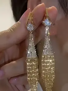 A pair of exquisite tassel earrings, Statement earrings for women, adorned with sparkling artificial zircon accents, suitable for daily wear, wedding banquet party accessories, Dangle earrings