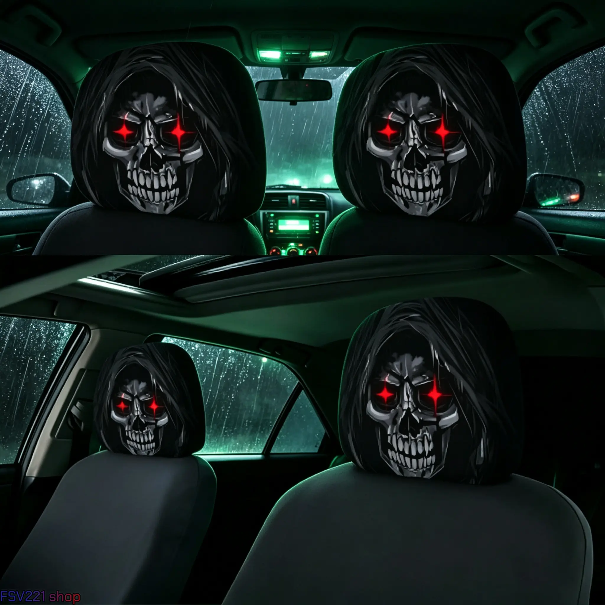 2-Pack Halloween Red-Eyed Grim Reaper Car Headrest Covers, Spooky Hooded Skull Print Auto Seat Protectors, Scary Prank Car Interior Decorations, Car Interior Accessories, Seat Covers For Cars
