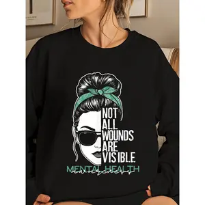 Women's Mental Health Awareness Sweatshirt - "Not All Wounds Are Visible" Crew Neck Long Sleeve Teal Lettering Cotton Casual Statement Top for Everyday Advocacy & Suicide Prevention Support Selfcare Apparel Bold Design Womenswear Hoodie Crewneck Pullover