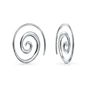 Geometric Tribal Swirl Wire Spiral Hoop Threader Earrings Sterling Silver