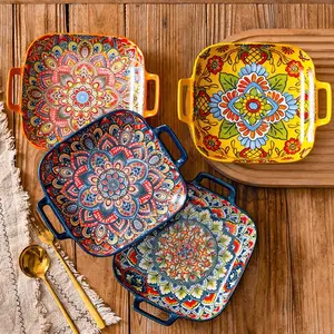 Boho Style Floral Pattern Ceramic Plate, Creative Colorful Square Dinner Plate, Modern Ceramic Dinnerware, Decorative Plates, Household Tableware for Home Kitchen Dining Room, Home Cutlery Tableware, Dining Plate Set, Modern Ceramic Plates