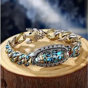 925 Sterling Silver Tibetan Dzi Bead Bracelet for Men Spinning Nine Eyed Sky Bead Cuban Chain Mantra Lucky Talisman Amulet Feng Shui Jewelry Gift for Husband