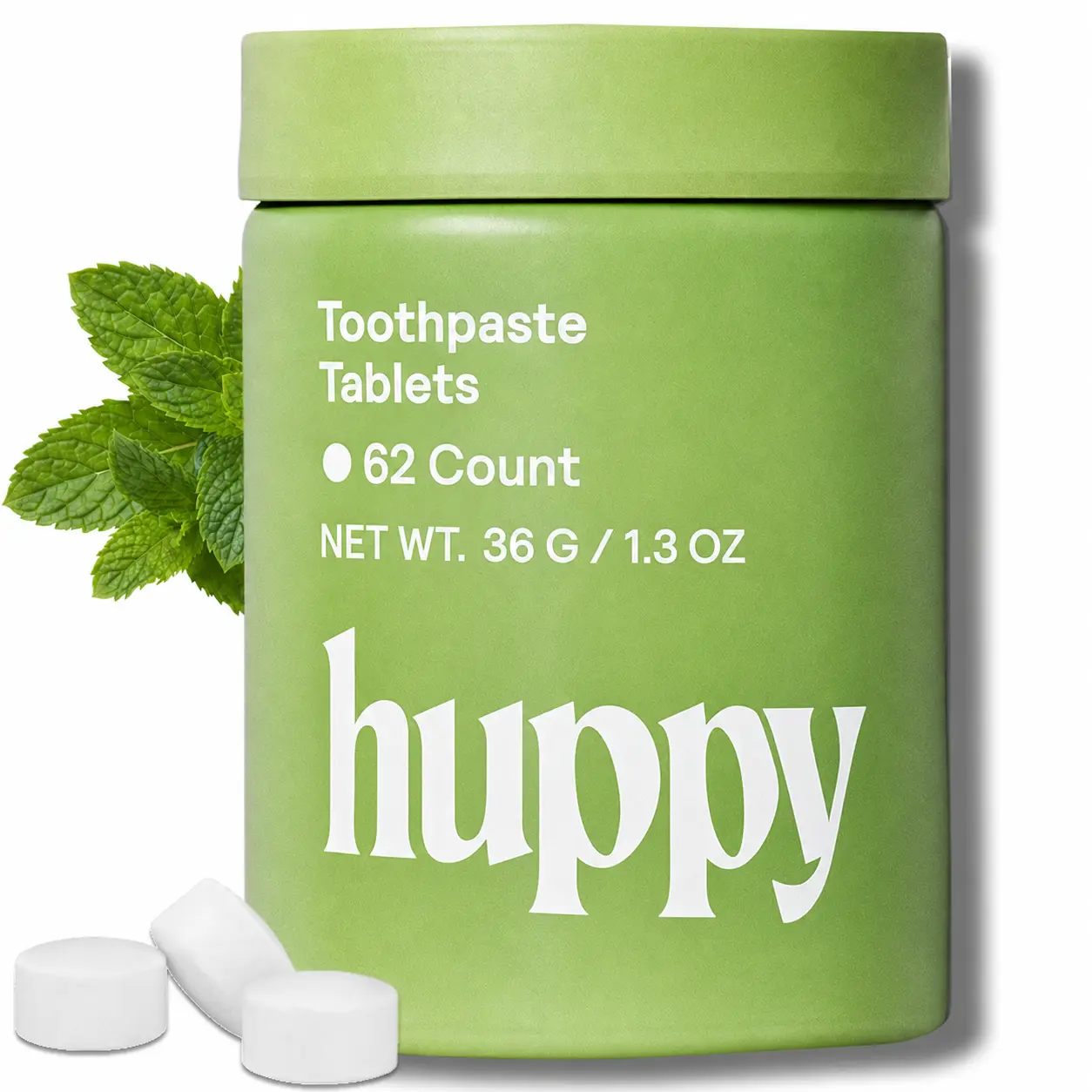 Huppy Peppermint Toothpaste Tablets, Fluoride Free, Plastic Free with 10% Hydroxyapatite, Whitening + Remineralizing, Travel Friendly, Refillable Tin + 62 Tablets