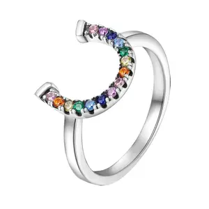 Lucky Horseshoe Rainbow CZ Open Ring 925 Sterling Silver Colorful Sparkling Rings for Women Positive Energy Aesthetic Jewelry Gift