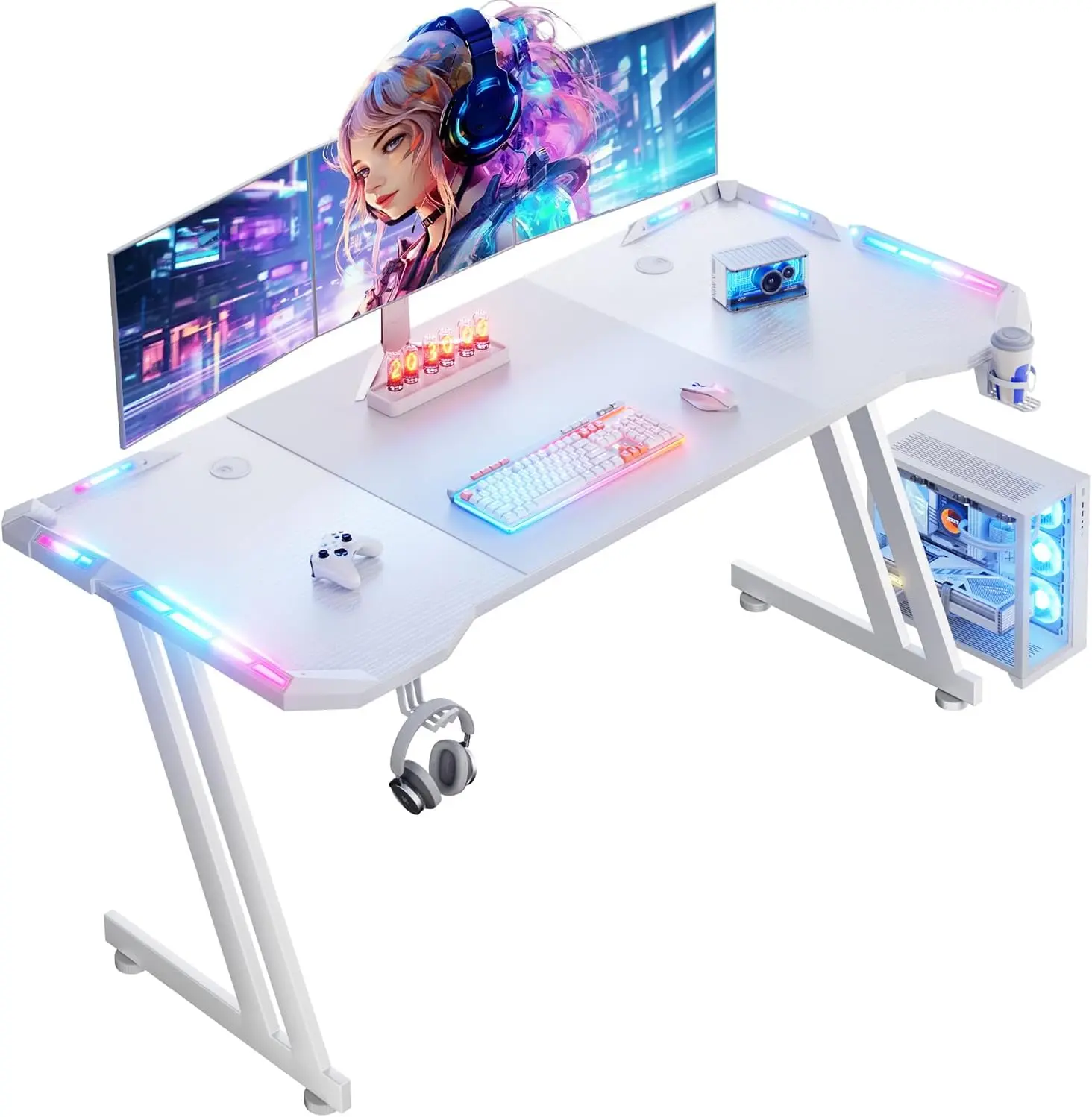 Ecofurnix 47/55/63 Inch Gaming Desk with LED Lights Carbon Fibre Surface Gaming Table Large Computer Desk Ergonomic Home Office Desks Z Shaped PC Gamer Workstations with Cup Holder & Headphone Hook White pu recliner leather adjustable work from new summer