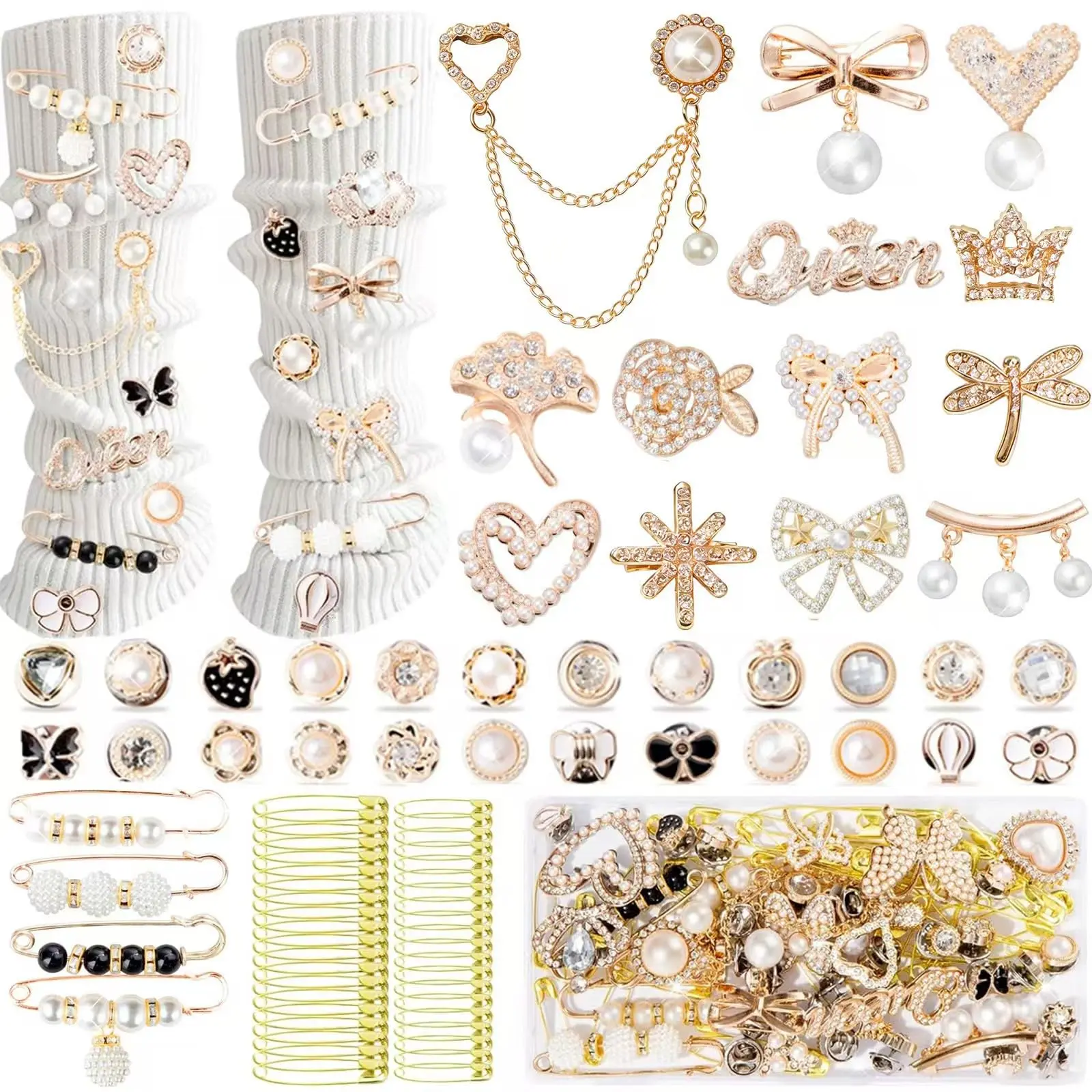 80Pcs Premium Junk Socks Charms Kit - Gold Pearl/Rhinestone Brooch Safety Pins for Adults' DIY Jewelry Making, Charms Making, Shoe Hat Clothes Accessories, Everyday Outfits, Playful Shoe Decoration Charms