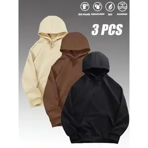 3-pack MEN'S casual hooded sweatshirts, long sleeve pullovers with drawstring, polyester knit fabric, slight stretch, solid color, loose fit for hiking, running, daily wear-winter outdoor sports hoodies
