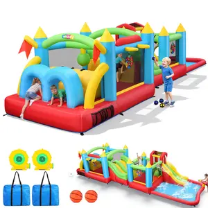 AKEYDIY 2-in-1 Connectable Inflatable Bounce House, Wet & Dry Use, Dual Blowers, with Slide, Climbing Wall, Basketball Hoop, Boxing Ball, Water Gun, Indoor Outdoor, All Season Play, Perfect Gift for Kids Birthday & Summer Party
