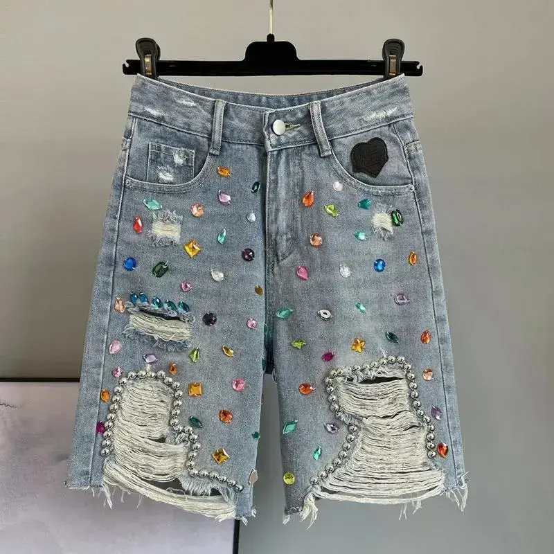 ColorfulDiamondStuddedNailBeadRippedJeansBlueHighWaistedLooseShortsShinyFashionableVersatileCasualTrousers