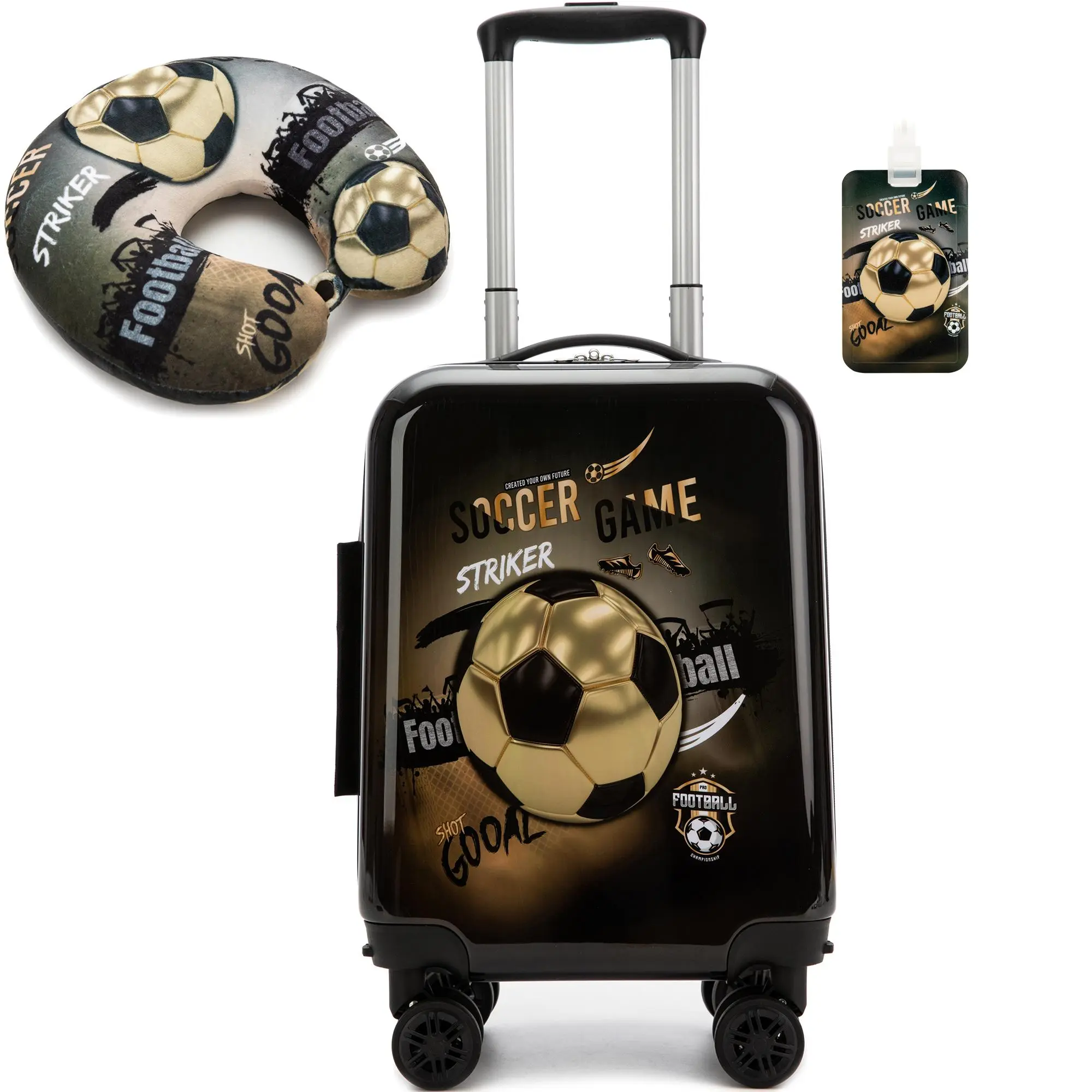 Kids' 3-Piece Gold Soccer Hardshell Luggage Set - Child-Sized Black Football Graphic Suitcase with Matching Pillow & Tag, Spinner Wheels, Lightweight Roll Carry-On for Boys Back to School Haul, 3-In-1 Sports Travel Bundle, Summer Camps, Impact Abs, Chic