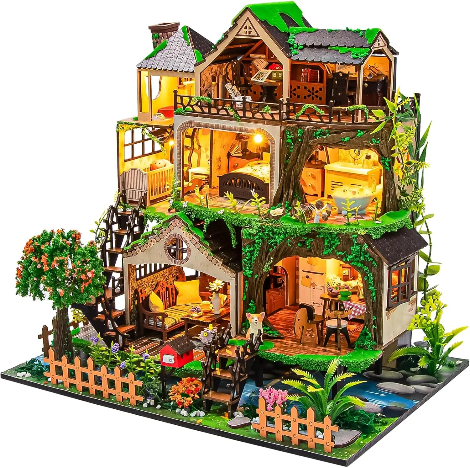 Spilay High-Quality Wood 3-Story Miniature Dollhouse DIY Kit - 11.81x9.28x11.41in Modern Villa Model with Music Box, Fairy Tale Forest Theme, Colorful Box, Manual Craft Project, Ideal Christmas Gift for Enthusiasts, Creative Boost, Home Decoration