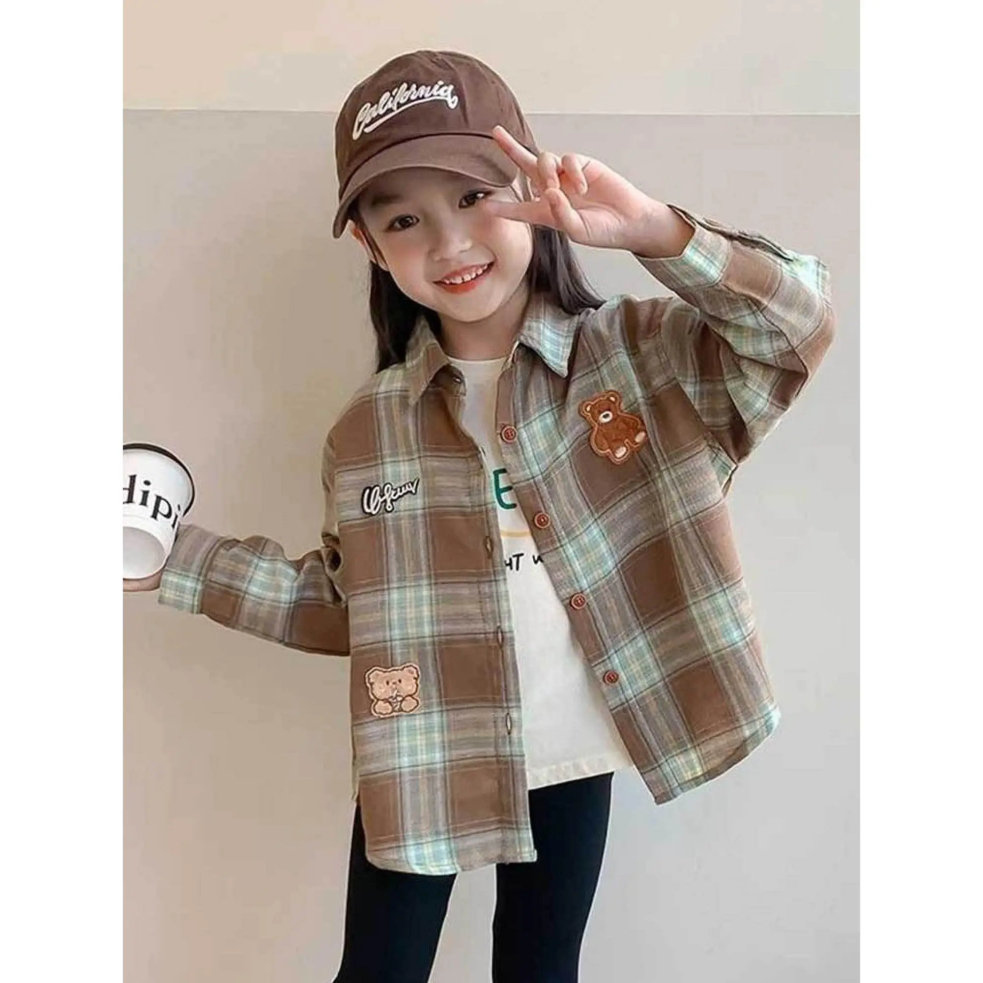 Young Girls' Polyester Plaid Weave Long Sleeve Shirts - Embroidered Detail, Cartoon Patch, Early Autumn Casual Versatile Tops, Embroidery Detail, Casual Lapel