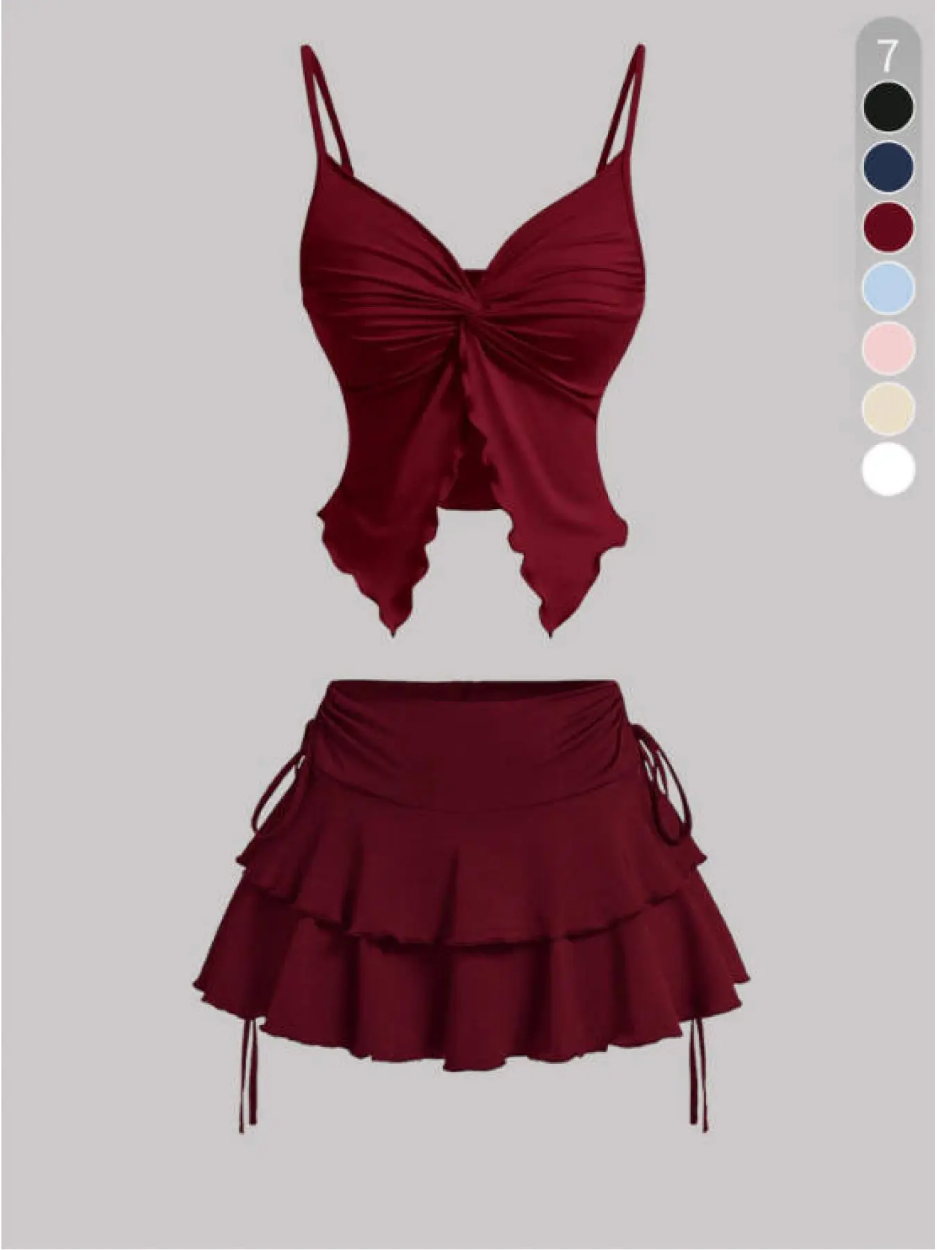 Women's Solid Ribbed Strappy Front Twist Camisole Top & Tie-Side Skirt Set - Airy Casual Style for Summer Adventures Lightweight