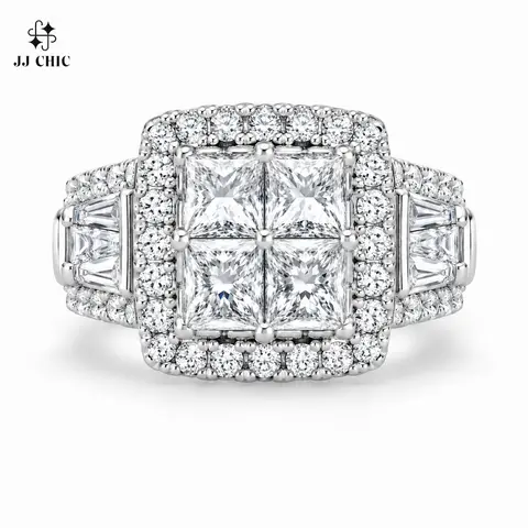 JJ CHIC Women’s Quad Princess Cut CZ Ring, Square Halo Statement Jewelry, Baguette Accent Pavé Band, Elegant Wedding Promise Gift for Her
