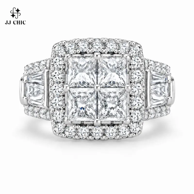 JJ CHIC Women’s Quad Princess Cut CZ Ring, Square Halo Statement Jewelry, Baguette Accent Pavé Band, Elegant Wedding Promise Gift for Her