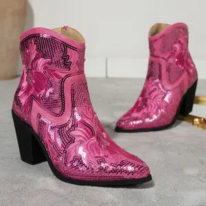 Women's Western Style Sequin Embroidered Short Boots Shiny Sequin Fabric Vintage Embroidery Pattern Sturdy Chunky Heels Side Zipper Pointed Toe Comfortable Fit