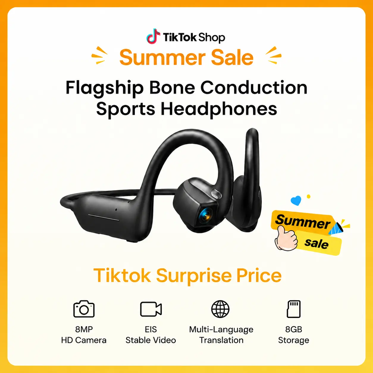 Limited-Time Summer Deal | AI-Powered E12 Open-Ear Bone Conduction Bluetooth Headphones, 8MP EIS Camera, 160+ Languages Translation, Portable Stereo Headset with USB Charging for Outdoor Sports, Travel, Recording, Cable, Wireless