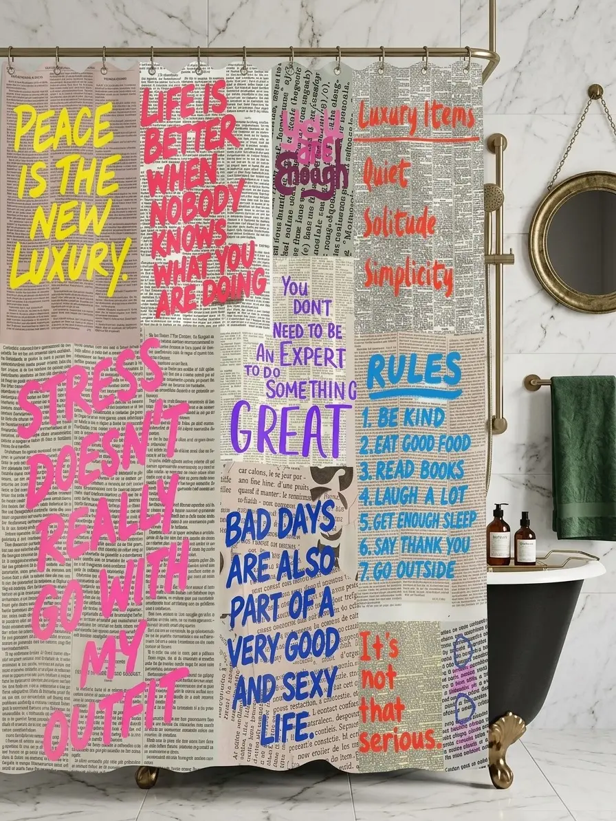 Vintage Newspaper Print Shower Curtain with Colorful Motivational Quotes | Fun Graffiti Aesthetic Bathroom Decor | Waterproof Fabric Curtain Set with Hooks | 70.8" x 70.8"