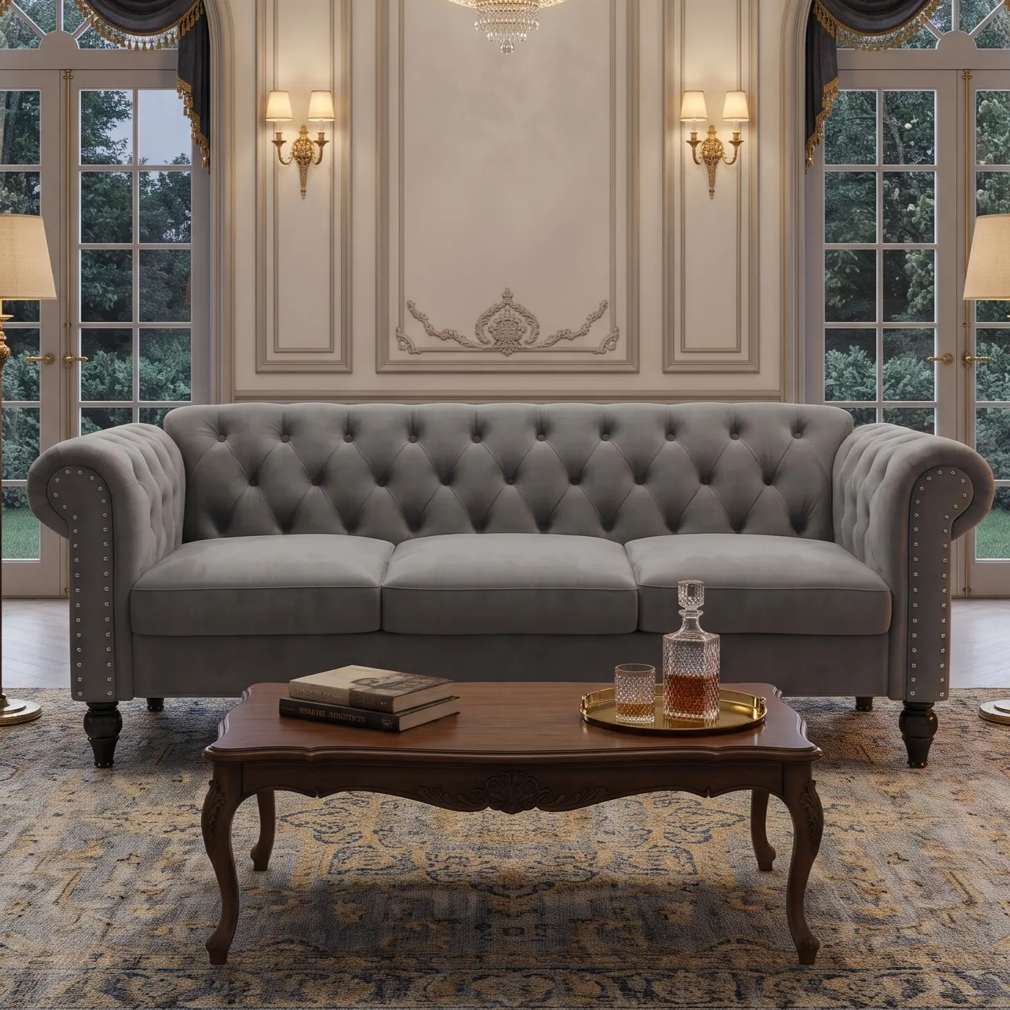 Favorer Kelso Traditional Rollarm Style 3-Seat Velvet Sofa - Rectangular, Deep Button Tufting, Nailhead Trim, Wood Turned Legs, Sturdy, Comfy, Fixed Arms, Sofas Living Room Indoor Furniture, Assembly Required, No Fire Safety Label