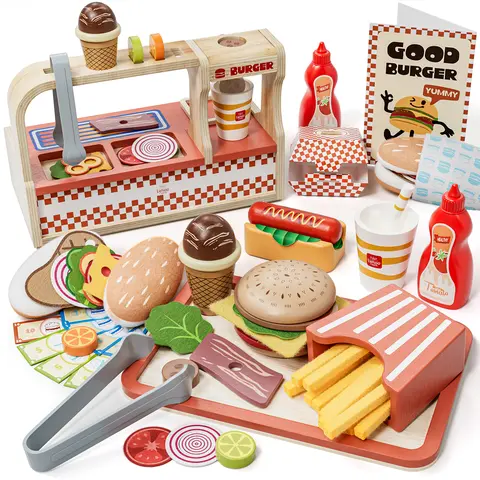 Lehoo Castle Wooden Play Food Sets, Pretend Play For Kids, Hamburger Shop, Play Food Sets for Kids Kitchen, Play Food Set For Ages 3+,familyfun