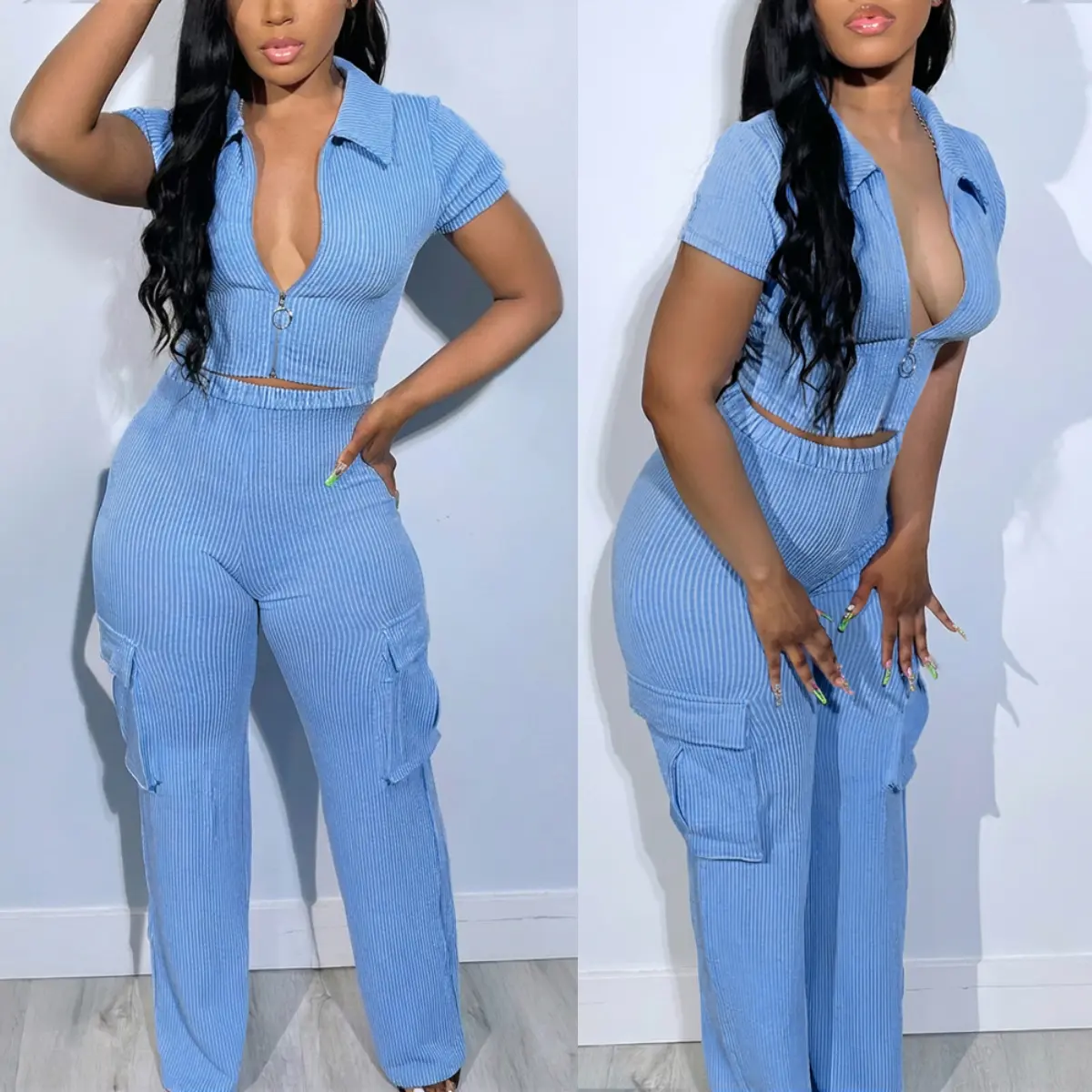 CHICME Women's 2 Pieces Outfit Polo Collar Short Sleeve Zip Up Slim Fit Crop Top and High Waist Elastic Waist Cargo Pockets Design Pants Set Casual Ribbed Set Matching Womenswear