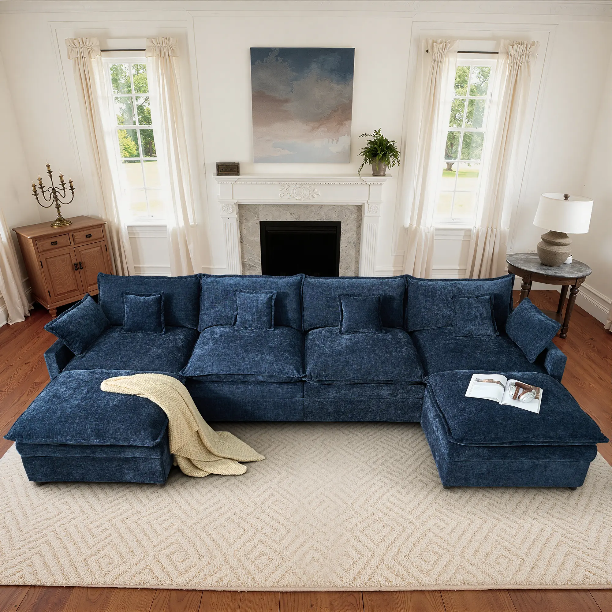 XIZZI 134" U-Shaped Modular Sectional Sofa - Comfy Cloud 4-Seater Linen Couch with 2 Movable Ottomans, Deep Seat, Stylish Design for Living Room, Indoor Modern Furniture