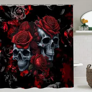Gothic Skull & Rose Shower Curtain Set, Waterproof Shower Curtain, Silver Color Skeleton with Hot Roses, Gradient Background, Gothic Aesthetics, Home Bathroom Decor, Interior, Bathroom Decoration Accessories