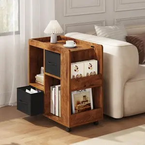 Yaheetech Rolling End Table with Storage, Foldable Fabric Drawers & Magazine Racks, Multi-Storage Wooden Side Table with Wheels for Living Room & Home Office