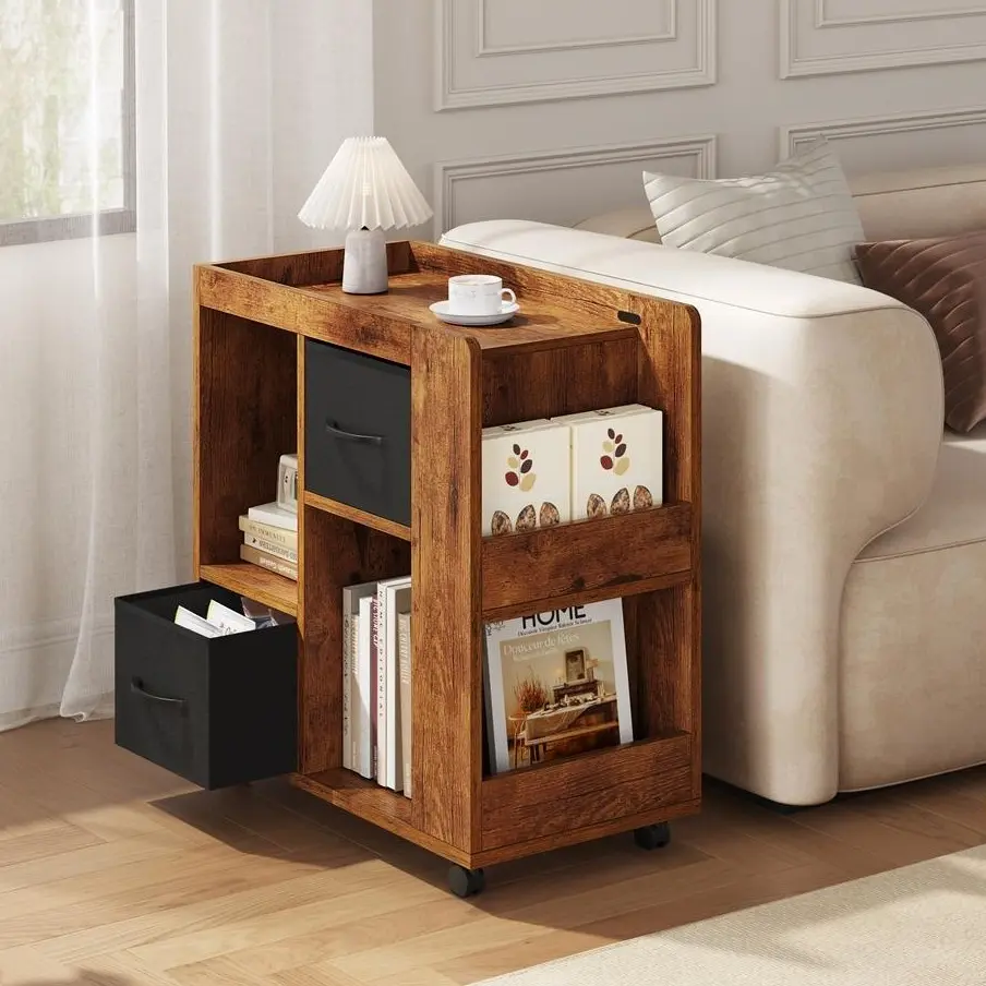 Yaheetech Rolling Wooden End Table - Foldable Fabric Hidden Drawer, Magazine Rack, Wheeled Compact Adjustable Contemporary Foldable Mini Hidden Drawer Living Room Furniture for Small Spaces, Apartment Decor, Home Office