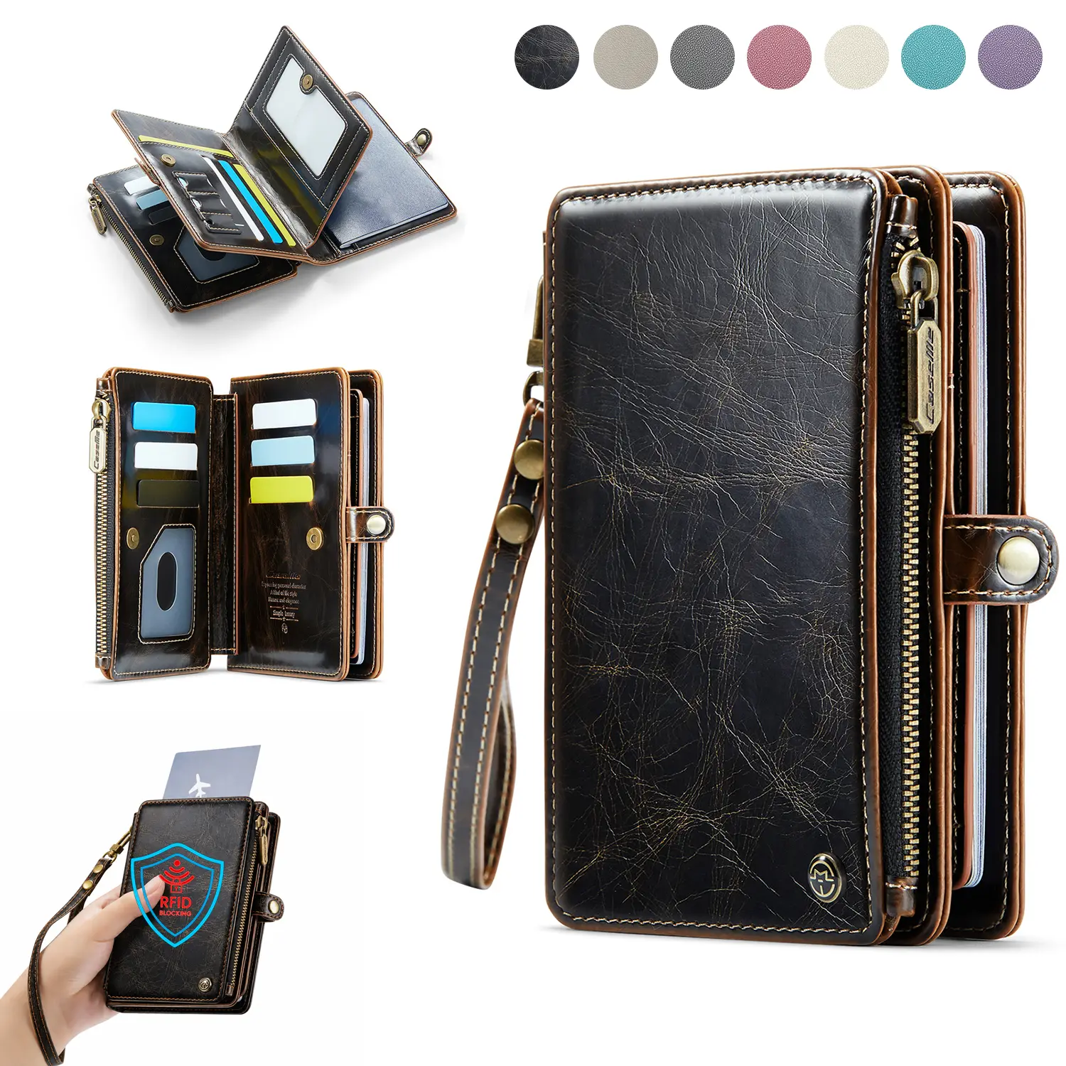 JUSIEX Passport Holder Wallet, Multi Card Slots RFID Blocking Travel Organizer, Zippered Coin Pocket & Detachable Wrist Strap Secure Magnetic Closure Passport Case Purse for Men & Women Travel Essentials Bag