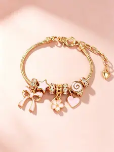 Cute Bow & Heart & Flower Design Charm Bracelet, Rhinestone Decorated Bracelet for Women & Girls, Trendy All-match & Exquisite Jewelry for Birthday Gift, Rhinestone Decorated Bangle, Charms Bracelet