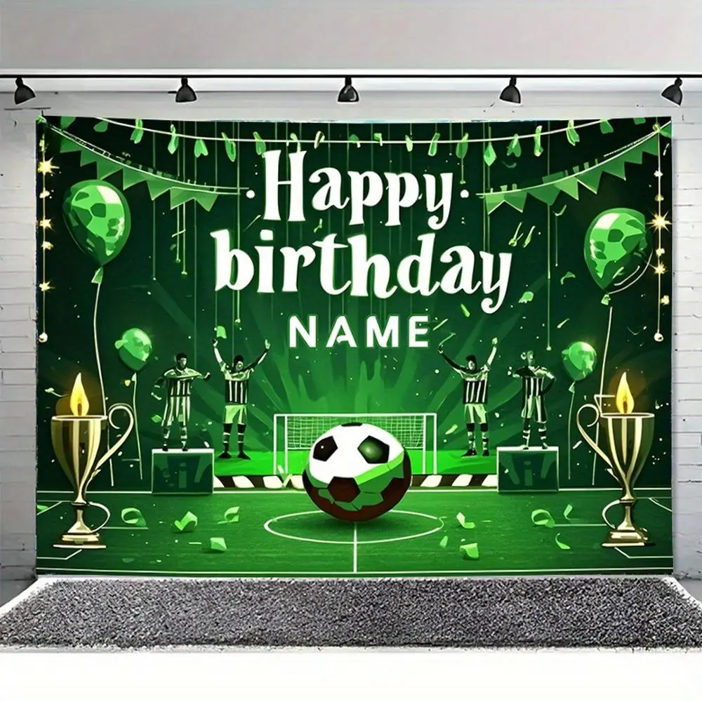 Personalized 2D Flat Football Theme Birthday Backdrop Banner - 1PC Reusable Polyester, Custom Name Multicolor Print, Green Soccer Field Trophy Balloon Kids Party Decoration Photo Prop