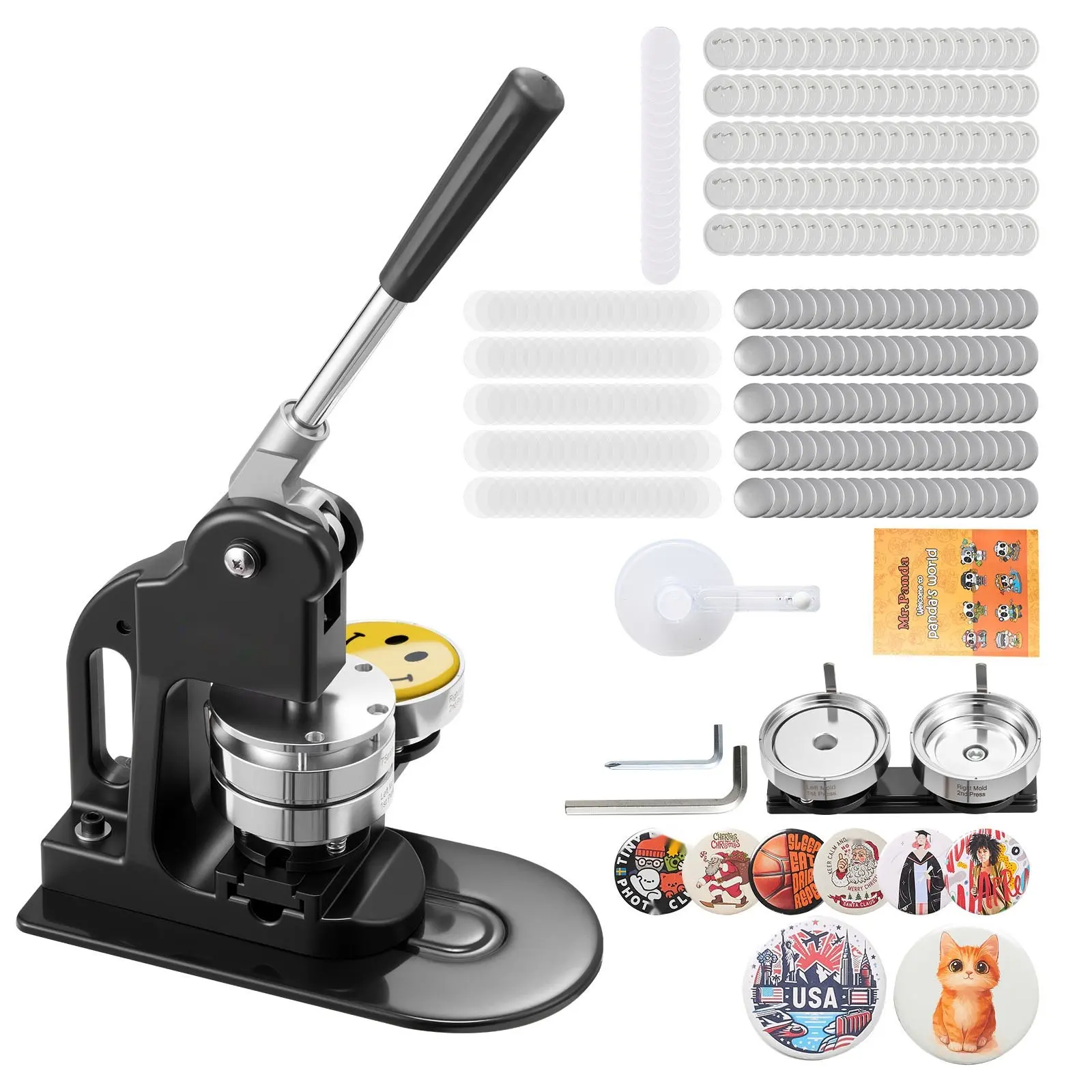 3-Inch Button Maker Machine Kit with 500 Button Parts, Circle Cutter, Hex Wrenches, Instruction Book, and Ergonomic Handle for Easy DIY Badges, Custom Pins, Key Chains, and Personalized Accessories, Black