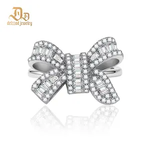 Delzzad 0.8ct Midnight Coquille Ring Luxury Bow Ring Baguette Cut Engagement Ring Ribbon Design VVS Synthetic Moissanite Ring Jewelry S925 Band Perfect Birthday Engagement Wedding Anniversary Christmas Valentine's Day Mother's Day Gift