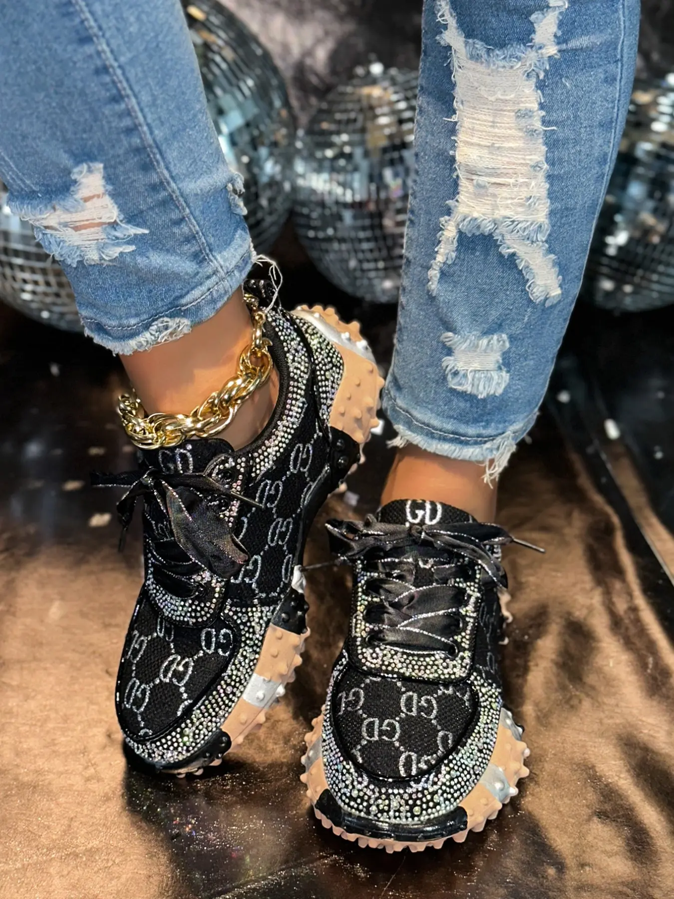 Women's Thick Sole Heeled Casual Trainer Sneaker Sports Shoes, Rhinestone Embroidery Design, Round Toe, Medium Width, All Seasons, Textile Upper, Tpr Sole, Sneaker Footwear
